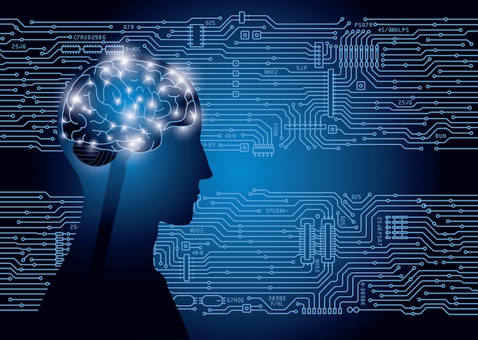 intelligenza artificiale per disturbi psicotici - volto umano stilizzato di profilo con cervello in evidenza, su sfondo blu caratterizzato da circuiti e nodi -