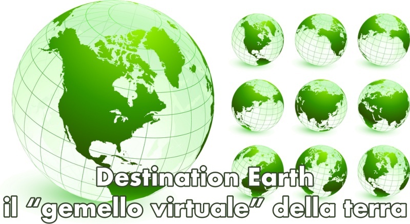 Destination Earth - il gemello virtuale della terra | Immagine che raffigura la terra in più versioni, più copie, per indicare tanti gemelli digitali, virtuali, disponibili del Pianeta Terra da usare come base per fare simulazioni ed usare i dati per contrastare il cambiamento climatico