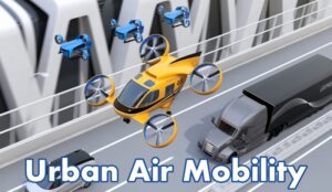 Urban Air Mobility - concept grafico | Immagine grafica che raffigura alcuni droni e aerotaxi che volano sopra un strada cittadina ad alta percorrenza. L'immagine richiama il futuro della cosiddetta Urban Air Mobility