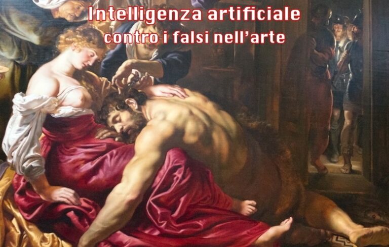 Immagine del dipinto di Rubens “Sansone e Dalila” con scritta, in alto a destra, Intelligenza artificiale contro i falsi nell’arte.
