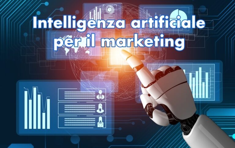 Illustrazione con mano di robot umanoide in primo piano mentre indica uno schermo sul quale figurano una serie di icone del marketing e scritta “Intelligenza artificiale per il marketing”.