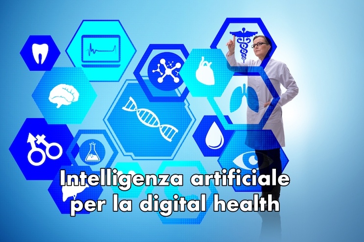 Rendering 3D raffigurante una medico in camice bianco sulla destra mentre indica una serie di esagoni contenenti icone medicali e, in basso, la scritta “Intelligenza artificiale per la digital health”.