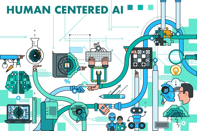 Human Centered AI - Concept illustration | Illustrazione ricca di icone grafiche che richiamano l'utilizzo dell'intelligenza artificiale in svariati campi ma sempre accanto all'uomo, a simboleggiare il concetto di human centered artificial intelligence