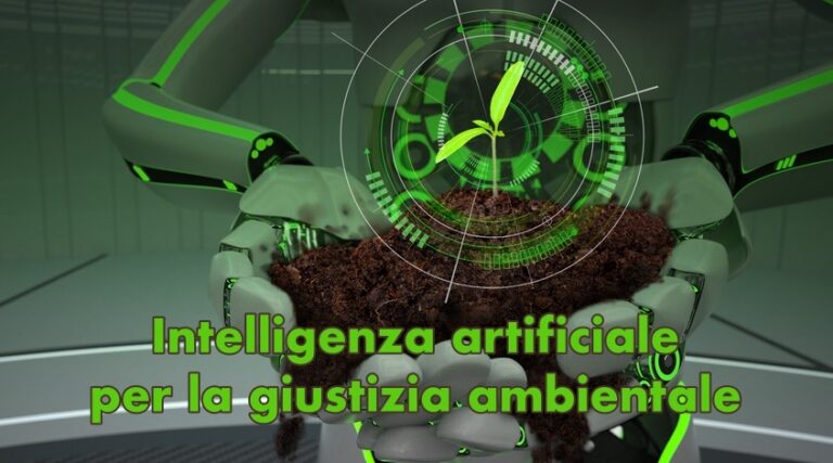 Immagine con, in primo piano, mani di robot umanoide contenenti zolle di terra e, sopra, un cerchio con icone della natura, a esprimere il concetto di intelligenza artificiale al servizio della giustizia ambientale.