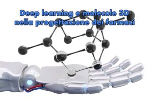 Mano di robot umanoide che sorregge la struttura 3D di una molecola, a esprimere, nell’ambito della progettazione dei farmaci, l’utilizzo delle tecniche di deep learning nel semplificare e velocizzare i compiti di previsione della struttura 3D delle molecole identificate.