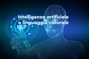 Illustrazione vettoriale con sagoma di cyborg in primo piano su fondo azzurro, che indica un’interfaccia grafica con al centro la sigla NLP, a esprimere il concetto di intelligenza artificiale e comprensione del linguaggio naturale.