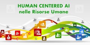 Immagine vettoriale raffigurante una serie di icone distribuite su sfondo astratto - relative all’ambito delle Risorse Umane e alle tecnologie - con riferimento alla presenza sempre maggiore della Human Centered AI nelle Risorse Umane.
