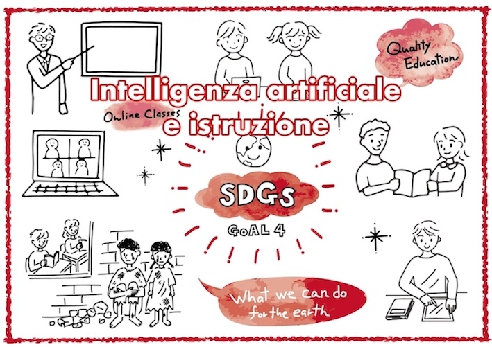 Illustrazione del Goal 4 dell’Agenda 2030, con disegni su fondo bianco che ritraggono figure di studenti mentre utilizzano tablet e leggono libri, a esprimere il concetto di intelligenza artificiale legato al mondo dell’istruzione.