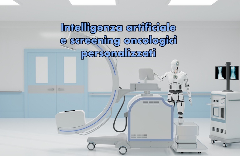 Immagine che ritrae un macchinario per la diagnostica per immagini e un robot umanoide che indica un monitor, a esprimere il concetto di applicazione delle tecniche di intelligenza artificiale nel definire la frequenza degli screening oncologici.