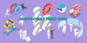Immagine vettoriale con disegni stilizzati di robot, ingranaggi e macchine e al centro il numero 2022, a esprimere il concetto di novità relative alle tecnologie e ai trend del 2022.