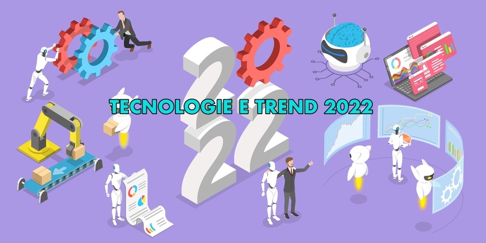 Immagine vettoriale con disegni stilizzati di robot, ingranaggi e macchine e al centro il numero 2022, a esprimere il concetto di novità relative alle tecnologie e ai trend del 2022.