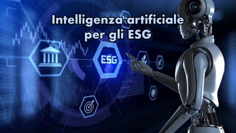 Rendering 3d con figura di robot umanoide sulla destra, di fronte a un grande pannello virtuale, mentre indica un’icona con scritta ESG, a esprimere il concetto di intelligenza artificiale utilizzata per definire criteri e investimenti ESG.