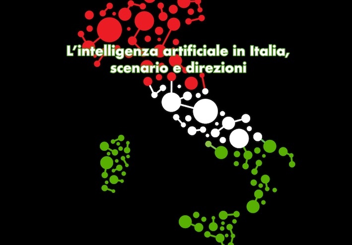 Disegno dello Stivale italiano fatto di rotelle meccaniche stilizzate, rosse, bianche e verdi, a esprimere il concetto di scenario, di quadro dell’intelligenza artificiale in Italia