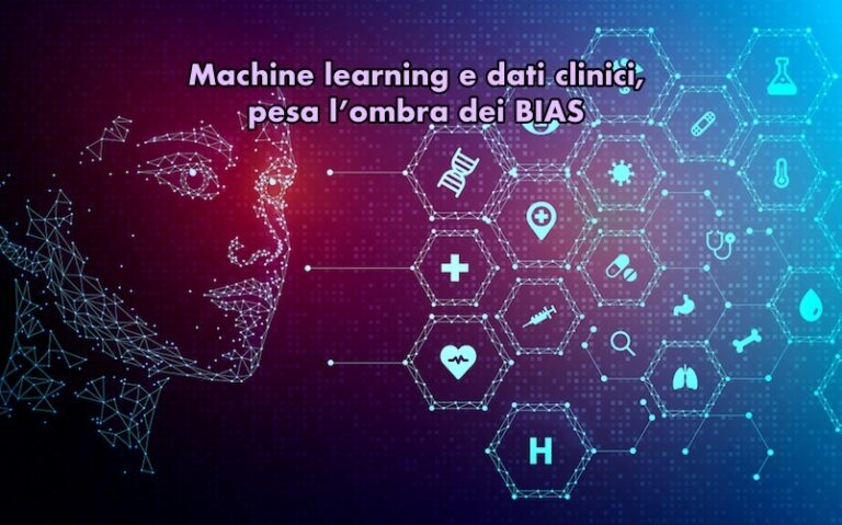 Rendering 3D raffigurante, sulla sinistra, la sagoma di un volto umanoide posto in connessione, sulla destra, con una serie di icone medico-sanitarie, a esprimere il concetto di utilizzo di tecniche di intelligenza artificiale e, più nello specifico, di algoritmi di machine learning addestrati per mezzo di dati clinici.