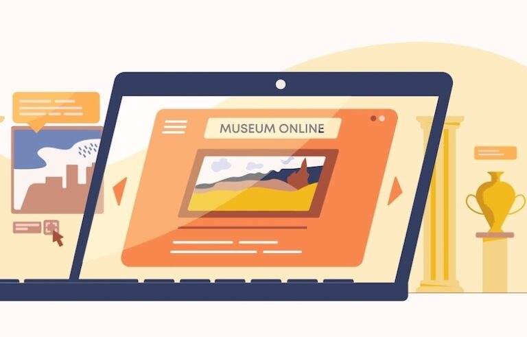 Illustrazione con, al centro, un grande PC portatile sul cui schermo compare la scritta Museum Online, a esprimere il concetto di digitalizzazione dei musei, tra cui anche quelli a carattere scientifico.