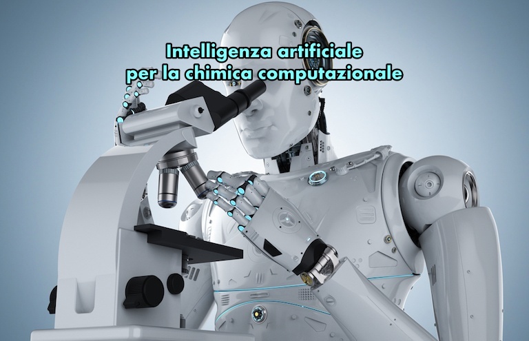 Immagine che ritrae un robot umanoide intento al microscopio, a indicare l’impiego sempre più sistematico delle tecniche di intelligenza artificiale per applicazioni nell’ambito della chimica computazionale.