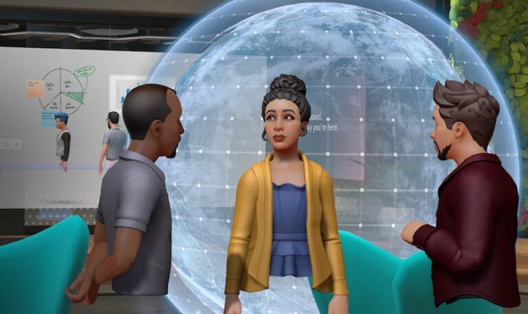 Screenshot dell’applicazione Microsoft Mesh for Teams, con tre Avatar 3D in primo piano (Credit: Microsoft - Fonte: https://www.microsoft.com/en-us/mesh)