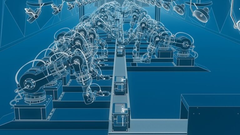 Rendering 3D di bracci robotici in fila all’interno di un contesto industriale, a evocare una delle numerose applicazioni incluse nel più ampio business della robotica.