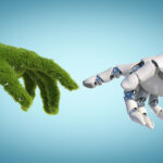 Immagine vettoriale con, in primo piano, una mano verde, erbosa, che sfiora una mano di robot umanoide, a evocare il legame sempre più importante tra politiche green e tecnologie digitali, tra transizione digitale e transizione ecologica.