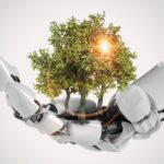 Immagine che ritrae, al centro, in primo piano, una grande mano di robot umanoide nell’atto di porgere alcuni alberi, a evocare l’impego delle tecniche di intelligenza artificiale contro il fenomeno della deforestazione.