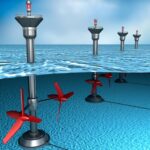 Immagine vettoriale che illustra alcune turbine eoliche installate sotto il livello dell’acqua del mare, come esempio di tecnologie per la produzione di energia mareomotrice.
